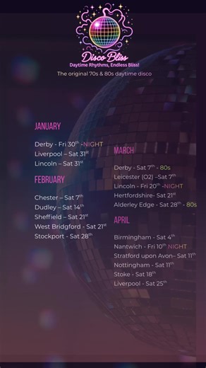 🪩 UPDATED GIG LIST 🪩 More dates, more cities and more chances to dance 💃🕺 Disco Bliss is back on the road with daytime discos, 80s specials and night editions across the UK. Check the list, find your city and get it in the diary 🪩✨ 🎟 Tickets on sale now 👉 discobliss.co.uk #DiscoBliss #DaytimeDisco #80sVibes #DiscoParty #UKEvents