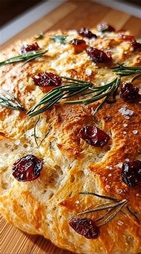 No-Knead Rosemary Cranberry Bread with Olive Oil & Sea Salt 🍞🌿🫒 Experience the cozy aromas and heartwarming taste of this rustic loaf—sweet cranberries, fragrant rosemary, golden olive oil, and a sprinkle of sea salt come together in an effortless no-knead bread that’s as perfect for gatherings as it is for everyday comfort. Baking bliss for beginners and seasoned bakers alike! 🍇🥖✨ Ingredients: - 3 cups all-purpose flour - ½ teaspoon instant yeast - 1½ teaspoons salt - 1 tablespoon fresh ro