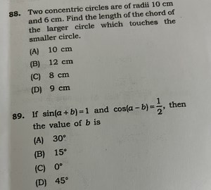 Two concentric circles are of radii 10 cm and 6 cm. Find the le... | Filo