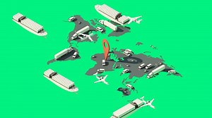 o mapa do mundo da terra por transporte internacional e doméstico com scooters, vans, reboques, caminhões, grandes navios de carga e aviões. com localização de gps vermelho no mar azul 3d render animação isométrica em loop