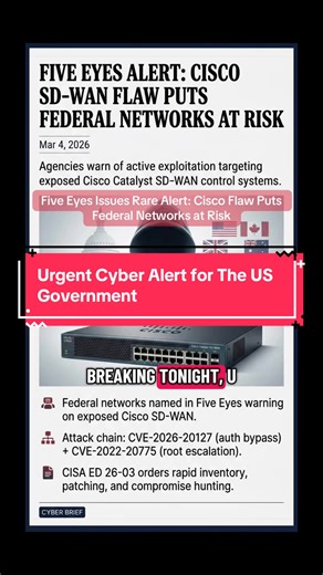 Five Eyes partners just flagged active exploitation of exposed Cisco SD‑WAN systems—federal networks included. Why it matters: SD‑WAN control plane access can impact many sites at once. Mar 4, 2026.