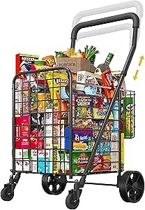siffler Shopping Cart for Groceries, Height Adjustable Folding Utility Cart with Double Baskets, Extended Foam Cover 360° Swivel Wheels Trolley for Groceries, Laundry, Travel (Medium)