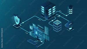 VPN protection animation with a shield. Virtual private network security technology concept. Cyber security. 4K video animated in isometric style