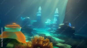 animation, motion effect a underwater city is that imagines habitation beneath the ocean, size 3880x2160, 60fps