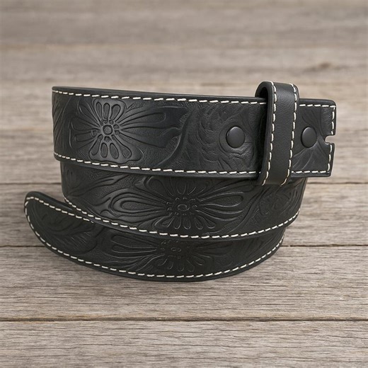 Black Tooled Leather Belt Strap: Full Grain Western Style, Interchangeable Buckle - Etsy