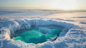 The frozen pond sparkles in the morning light, reflecting the sunrise on a snowy landscape, creating a peaceful winter scene perfect for backgrounds or wallpapers