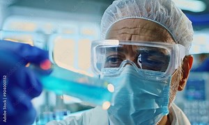 Scientific Breakthrough: A seasoned scientist meticulously analyzes a vibrant blue solution in a state-of-the-art laboratory