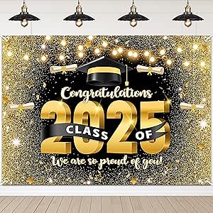 Avezano Black and Gold Graduation Backdrop Congrats Grad Class of 2025 Party Decorations Golden Glitter Graduation Prom Party Photoshoot Background We are So Proud of You Banner (7x5ft)