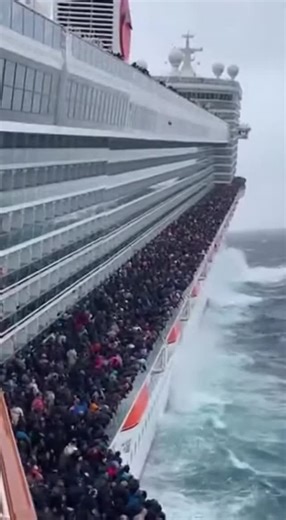 Алина Ветрова | Бьюти блог 🌸 on Instagram: "A vertical video, shot on a phone, captures a terrifying scene on the open sea during a storm. A massive passenger liner or cruise ferry, listing at a dangerous angle, fills the frame. Dozens of decks are packed tightly with thousands of people, standing shoulder to shoulder. Under gusts of wind and sea waves, real chaos begins: people slide across the decks, forming a 'human avalanche,' desperately trying to hold onto railings. A wave hits the side w