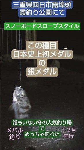 2/18夜 金銀銅‼️日本メダルラッシュ❕オリンピックスノーボードスロープスタイル 東海地方メダルラッシュ 三重県四日市市 霞埠頭霞釣り公園にて 釣れたのは❔メダル？メバル？ １２月釣行 メバルつり