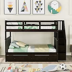 Harper & Bright Designs Full Over Full Bunk Bed with Storage Drawers, Wood Bunk Bed with Stairs and Guard Rail, Full Bunk Bed Frame for Bedroom, Dorm, Kids, Teens, Adults (Full, Espresso)