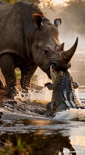 Crocodile Ambushes Rhino – But Gets Brutally Dominated Instead!