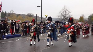 The remembrance day 2018 parade along Tay Street, Perth, Scotland, with a salute before Brigadier Sir Melville Jameson. The parade included the Royal Air Force Central Scotland Pipes & Drums, Perth & District Pipe Band, members of the The Royal Regiment of Scotland, Black Watch Battalion ACF, 7 SCOTS Pipes and Drums, military veterans and the High Constables of Perth. Poppyscotland | Scotland Online