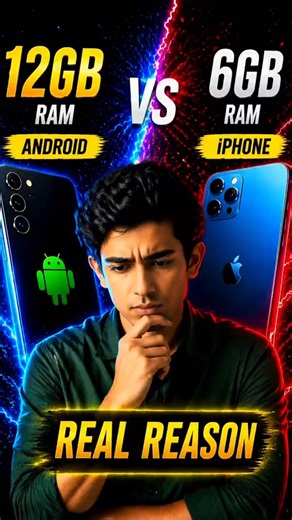 "12GB Android vs 6GB iPhone 😳 Real Reason!”#shorts #tech #viral #mobile #youtubeshorts #ram #chips