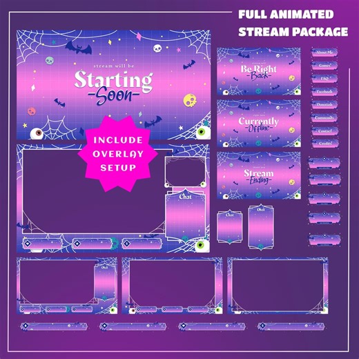 Skull Web Stream Overlay for Streamers – Fully Animated   Setup Included, Purple Halloween Overlay, Animated Stream Overlay, Spooky Overlay