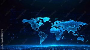 A digital map of the world, with blue lines and dots forming the continents.