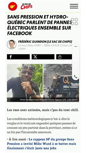 Sans Pression et Hydro-Québec parlent de pannes électriques ensemble sur Facebook ✅️ Les rues sont animées, mais c’pas du tout chill. Les conditions météorologiques (c’est-à-dire le verglas et le vent) ont engendré quelques pannes de courant un peu partout dans la province, même si ce ne fut pas l’hécatombe annoncée. • À lire aussi : Le rappeur SP du groupe Sans Pression a invité Mike Ward à se battre mais finalement c’était juste une joke Une des personnes ayant dû vivre sans la précieuse élect