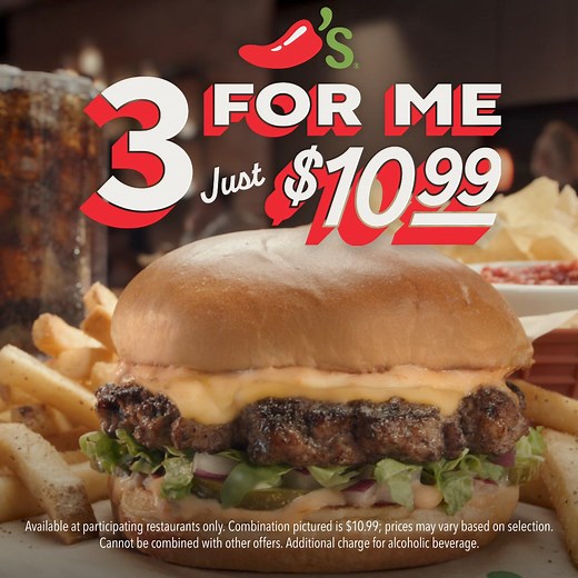 Move over fast-food, the Chili’s 3 For Me with the new Big Smasher Burger has arrived, and it’s still just $10.99. | Chili's Grill & Bar