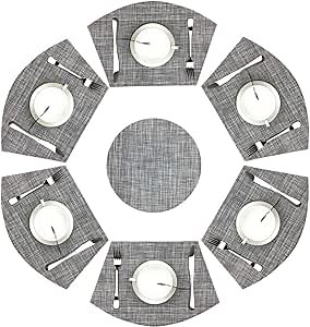Wedge Placemats,Set of 7 Vinyl Placemats for Round Tables Woven Non-Slip Heat-Resistant Easy to Clean Wipeable Washable Dinner Table Mats（Gray）