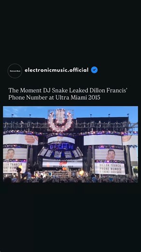 Electronic Dance Music on Instagram: "During Ultra Music Festival Miami 2015, one of the most talked-about pranks in electronic music history happened live on the main stage 😅 In the middle of his set, DJ Snake shocked the crowd by putting Dillon Francis’ real phone number on the giant LED screens, Within minutes, Dillon’s phone was flooded with thousands of calls and messages from fans who were watching the set live or through the Ultra stream. The moment quickly spread across social media, be