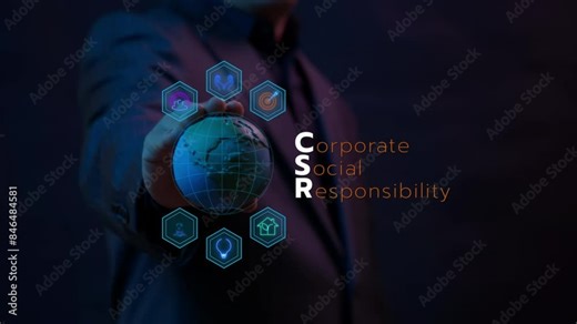 CSR concept for business and organization. Corporate social responsibility and giving back to the community. Businessman holding earth global model with virtual CSR icons.