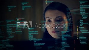 Asian woman working on a computer with binary code protection against cybersecurity threats. Increase the security of data access Programmers who develop software or applications using AI innovations.