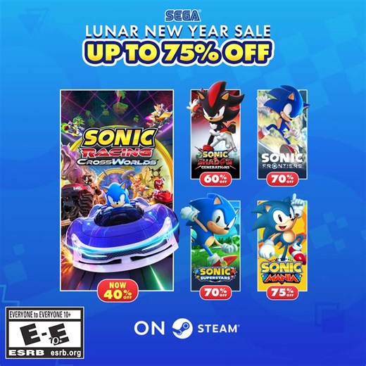 Sonic fans, this one’s for you! Save up to 75% on Sonic’s best games—Sonic Racing: Crossworlds, Frontiers, Mania & more! | SEGA