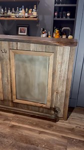 Another basement bar install for the books! 🍻 This bar entered our clients home in six pieces, and assembled. Patinated zinc panels dress up the bar front while the live edge bar top holds things down. Bottom up folks! | Real Antique Wood
