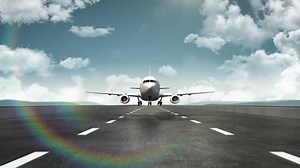 3D Airplane take off on a runway with airport in the background. travel.world tour