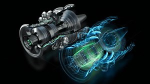 Innovative Turbine Engine Concept Integrates Physical and Digital Elements. Metallic Components Blend With Holograms, Emphasizing Advanced Green Energy Technology and Serious Engineering Concepts.