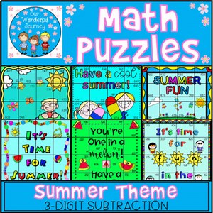 Summer Theme Math Puzzles 3 Digit Subtraction