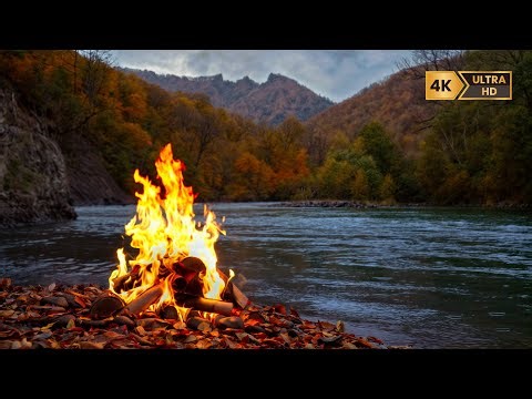 🍂 4K Cozy Autumn Campire — Relaxing River Ambience & Crackling Logs