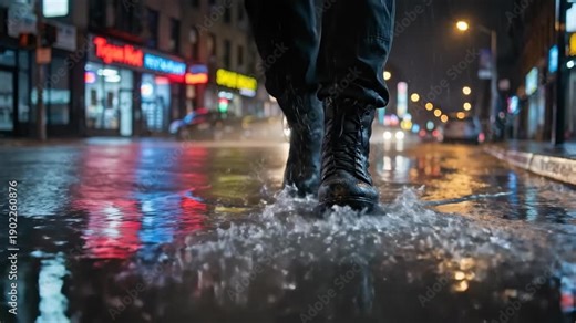 Man in military boots walks through a puddle on a wet city street at night, splashing water with reflections, urban scene