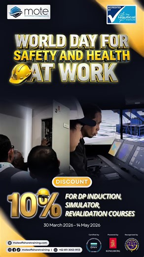 WORLD DAY FOR SAFETY AND HEALTH AT WORK: 10% DISCOUNT ON DP COURSES! ⚓👷‍♂️✨ Calling all seafarers! In celebration of safety at work, get 10% OFF on our DP Induction, Simulator, and Revalidation courses! 📍 MOTE Offshore Training 🗓 30 March 2026 - 14 May 2026 ONLY! Slots are filling up fast. Don’t miss out on this special saving to upgrade your skills! Click the link in our bio or contact us via WhatsApp at 62 811 3053 9113 to register. MOTEOffshoreTraining #DPBasic #fyp #SeafarerTraining Marit