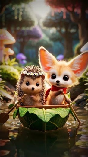Cute Fox and Hedgehog Ride Tiny Leaf Boat Down Stream! 🦊🦔🍂
