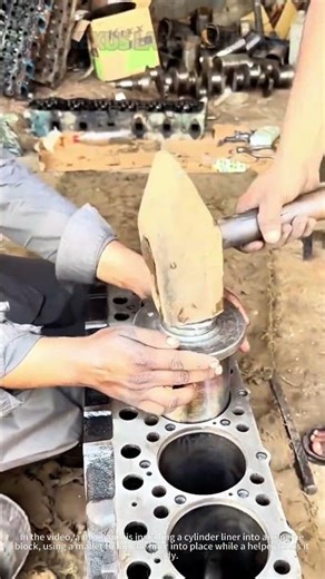 Engine cylinder liner installation: Precision engine repair in action!