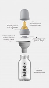 BIBS Baby Glass Bottle Complete Set is carefully designed for babies and parents. The bottle is designed with the child’s needs in mind and is made of borosilicate glass, which is temperature- and thermal shock-resistant, durable, and much more. It's made of borosilicate glass which is extremely durable and heat resistant and doesn't emit microplastics into the milk. Bottle sleeves are also available. Easy to see scale through the opening. Features a strap to be attached to a stroller, a bed, or