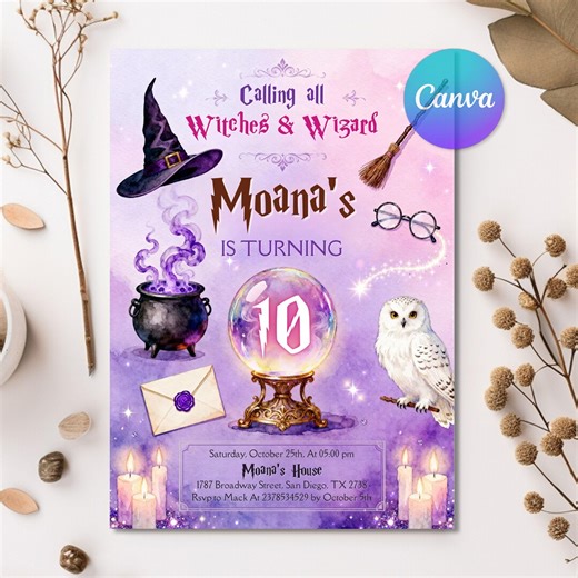 Wizard Birthday Invitation, Purple Pink Magic School Invite, Witches and Sorcery Party, Magical Crystal Ball, Editable Canva Template - Etsy
