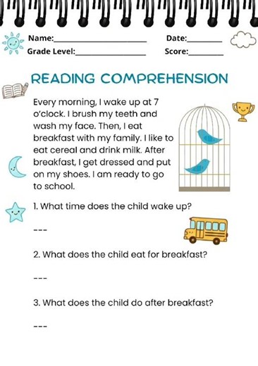 Comprehension Worksheet Practice | Reading Comprehension for Kids | English Learning Worksheet