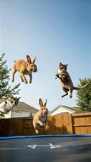 Boston Terrier bouncing on trampoline — Then Rabbit & Cat Join the Fun!