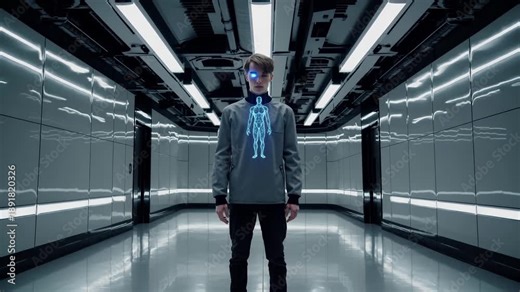 Cyborg in futuristic lab stands still with anatomy hologram projected on chest. Human figure glowing as data scanner activates. Robot posture calm. Technology surrounds scanner in clean futuristic lab