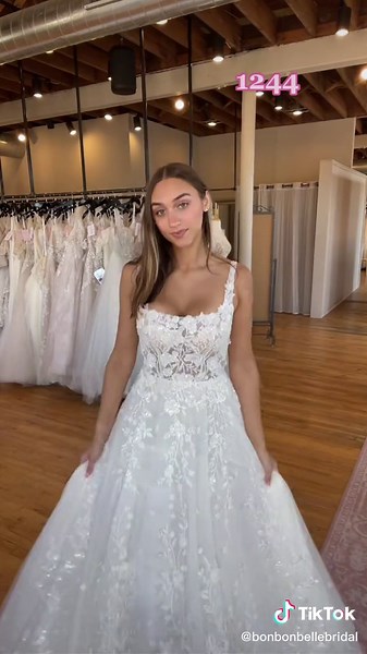 Stunning A-Line Square Neck ✨ #wibride #engaged #chicagobride #wedding #2023bride #weddingdress #weddingdressshopping #midwestbride #bridalboutiquewi #midwestbridalshop #squareneck #martinaliana #bridal