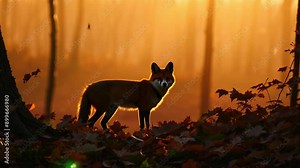 Cute Red Fox, Vulpes vulpes in fall forest. Beautiful animal in the nature habitat. Wildlife scene from the wild nature, Germany, Europe. Cute animal in habitat. Red fox running on orange autumn leave