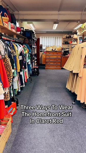 2.8K views · 43 reactions | Our Socialite skirt suits are carbon copies of the originals worn by women during the forties decade. These versatile two-piece suits can be styled as separates to create a plethora of period accurate ensembles. Caroline shows you three ways to wear our Homefront suit in Claret Red. Which look is your favourite? | Revival | Facebook