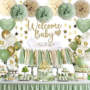 Baby Shower Decorations - Sage Green Balloons Welcome Baby Banner, Cake Topper, PomPoms Flowers Tassels, Star Decor for Boy Baby Girl Baby Shower Decorations Neutral Gender Reveal Party Supplies
