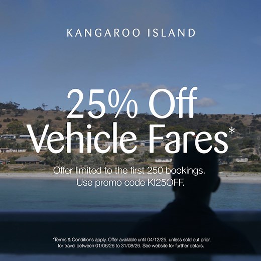 Kangaroo Island... where every turn brings something unexpected and simple moments become unforgettable. Book the ferry and save 25% on vehicle fares* for travel between 1 June and 31 August 2026. Hurry - offer is limited to the first 250 vehicle bookings and ends on 4 Dec 2025 unless sold out prior. Book now 👉 bit.ly/ki25off *T&Cs apply. | SeaLink Kangaroo Island