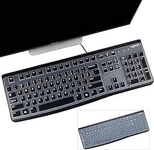 2 Pack Keyboard Cover for Logitech K120 & MK120 Ergonomic Desktop USB Keyboard, Logitech K120 & MK120 US Layout Waterproof Anti-Dust Keyboard Skin-Black+Clear