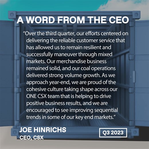 41 reactions | CSX CEO Joe Hinrichs shares insights on Q3 2023 earnings results. Download the performance information at csx.com/investors. | CSX | Facebook