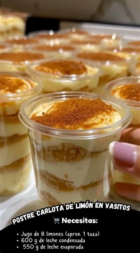🍋✨ Postre Carlota de Limón en Vasitos — ¡Refrescante, cremoso y listo en minutos! 🍋🟩 Ingredientes: • Jugo de 8 limones (aprox. 1 taza) • 600 g de leche condensada • 550 g de leche evaporada • 220 g de galletas María (unas 36 unidades) • Vasos de 5 oz con tapa (rinde aprox. 10 vasitos) Preparación: 1️⃣ En la licuadora, mezcla la leche condensada y la leche evaporada. 2️⃣ Con la licuadora encendida, añade poco a poco el jugo de limón hasta que la mezcla espese. 3️⃣ En los vasitos, coloca una ca