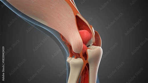Detailed 3D animation visualizing the knee joint's complex anatomical structures and movements including bones ligaments tendons and muscles in a clear medical representation